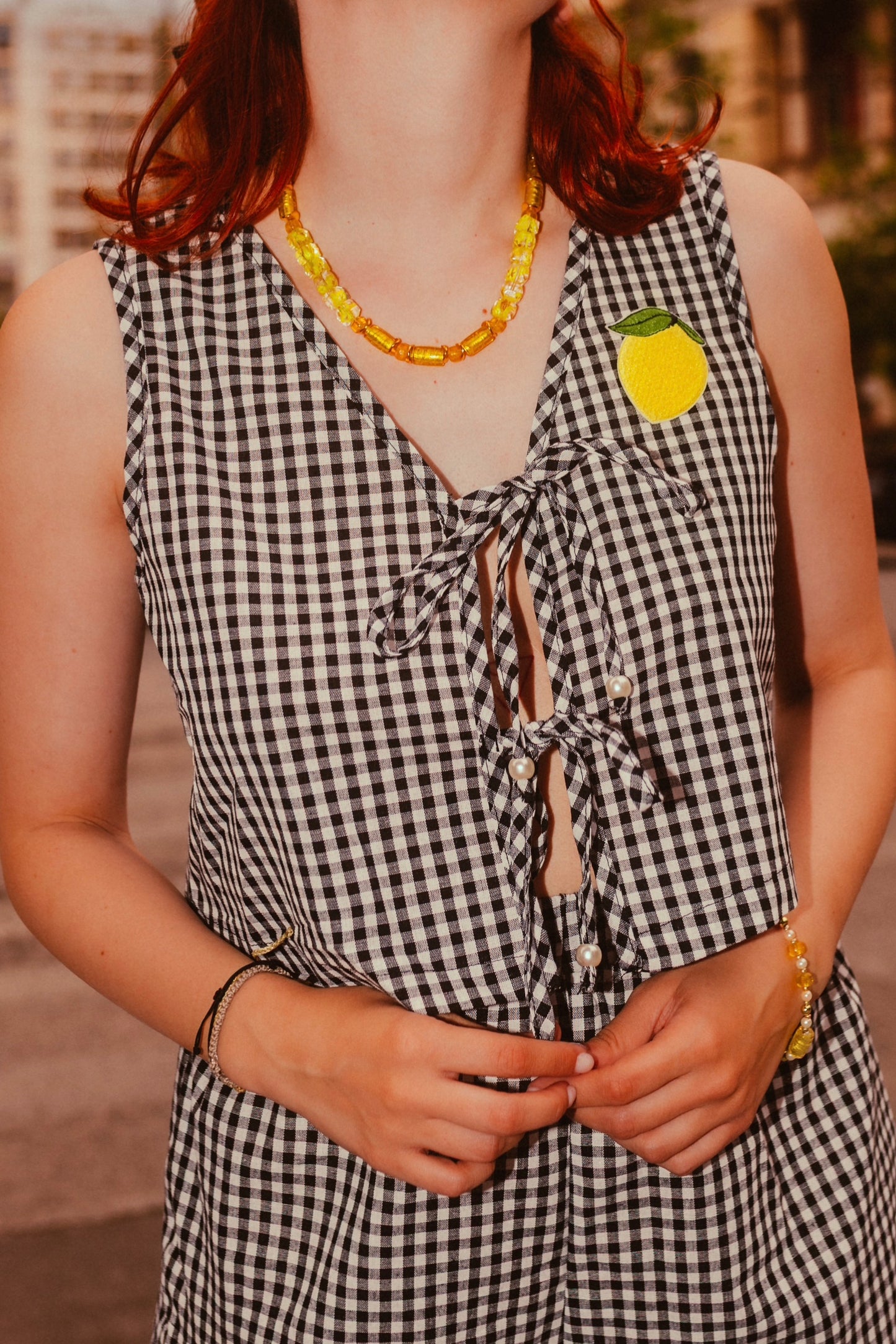 Daffodil top in black plaid