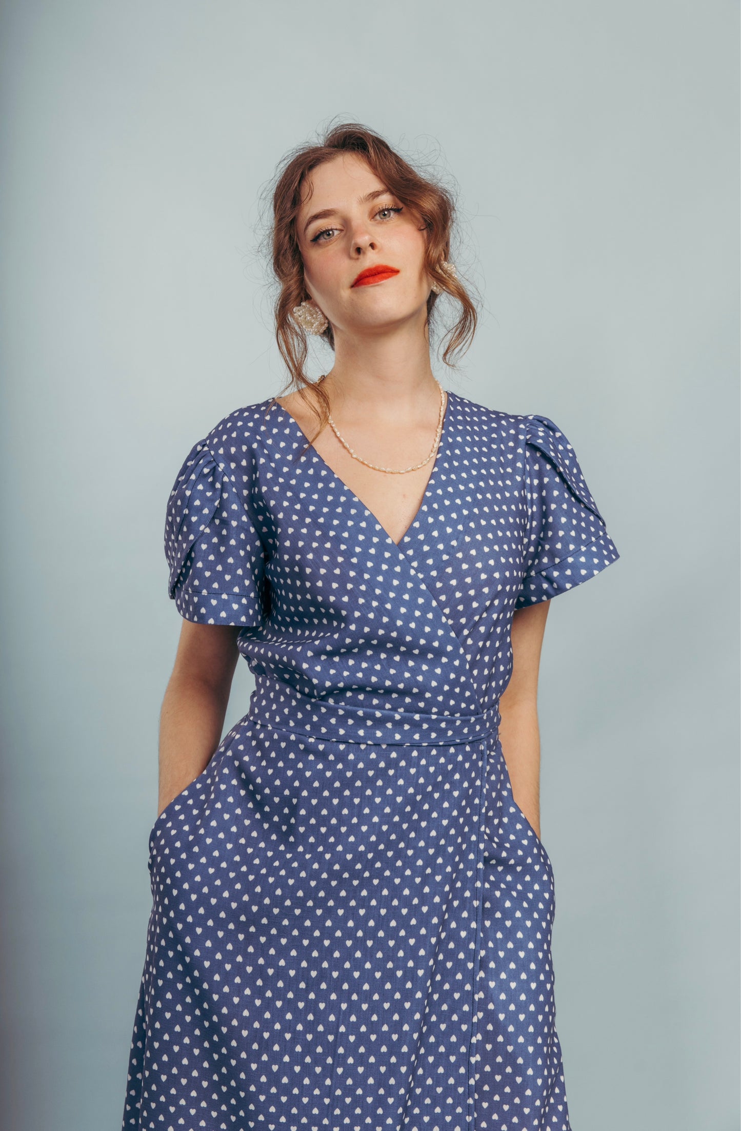 “Cecilia” dress in blue with white hearts