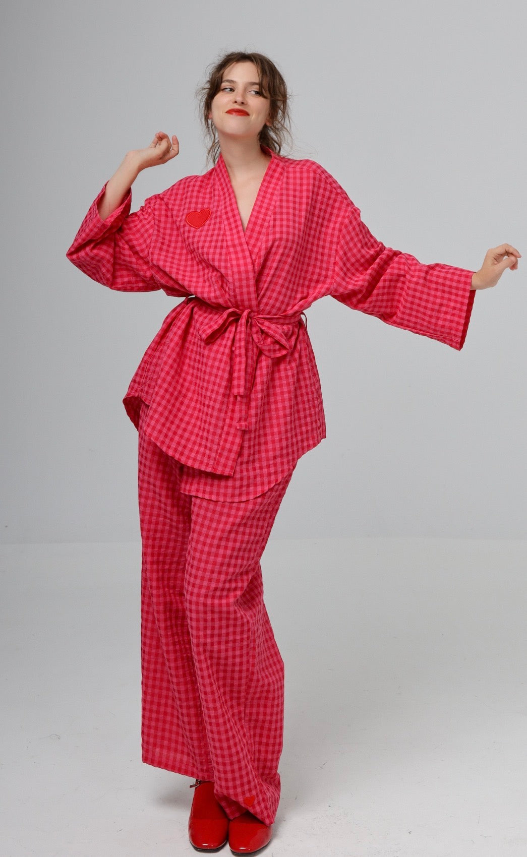 “Citrus” top in hot pink plaid