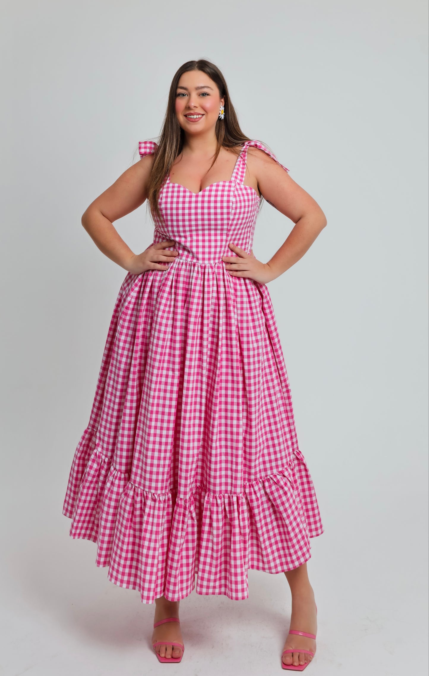 “Lily of the Valley” dress in hot pink plaid