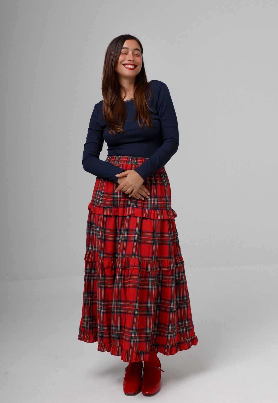“Winter Dahlia” skirt in red plaid