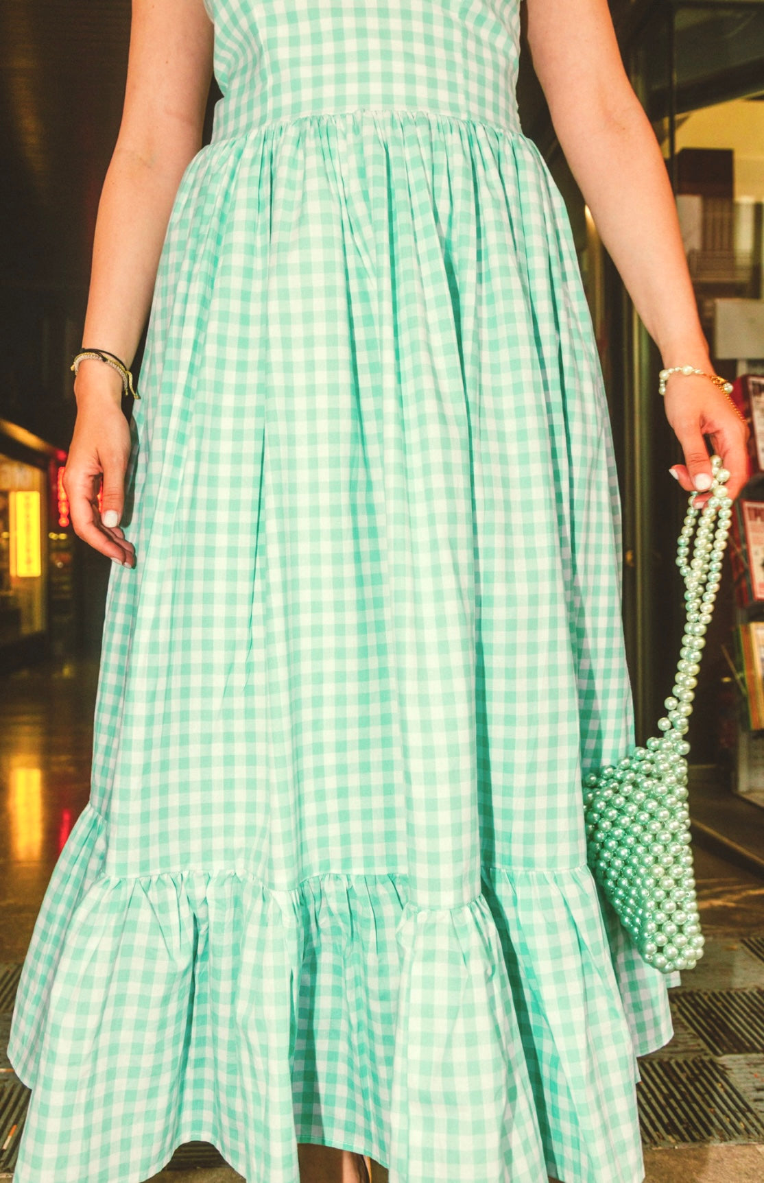 Lily of the valley dress in mint plaid