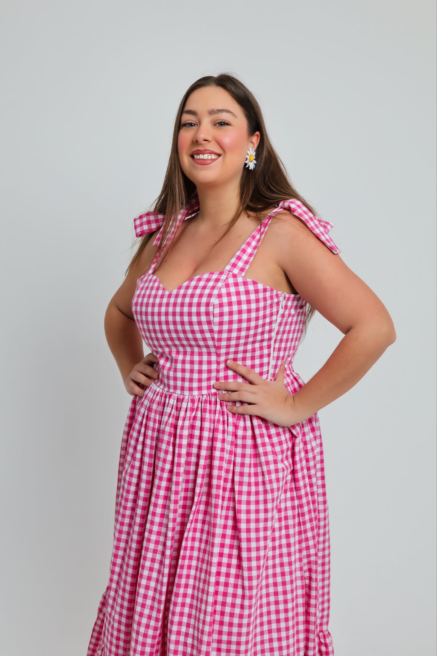 “Lily of the Valley” dress in hot pink plaid