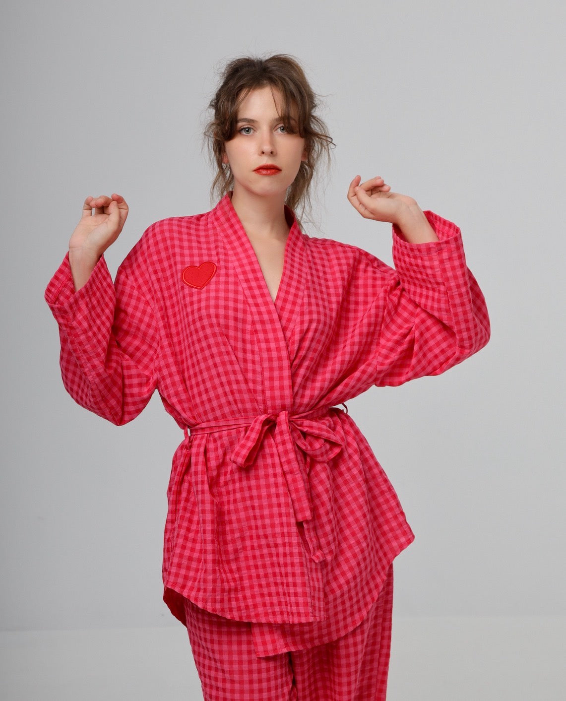 “Citrus” top in hot pink plaid