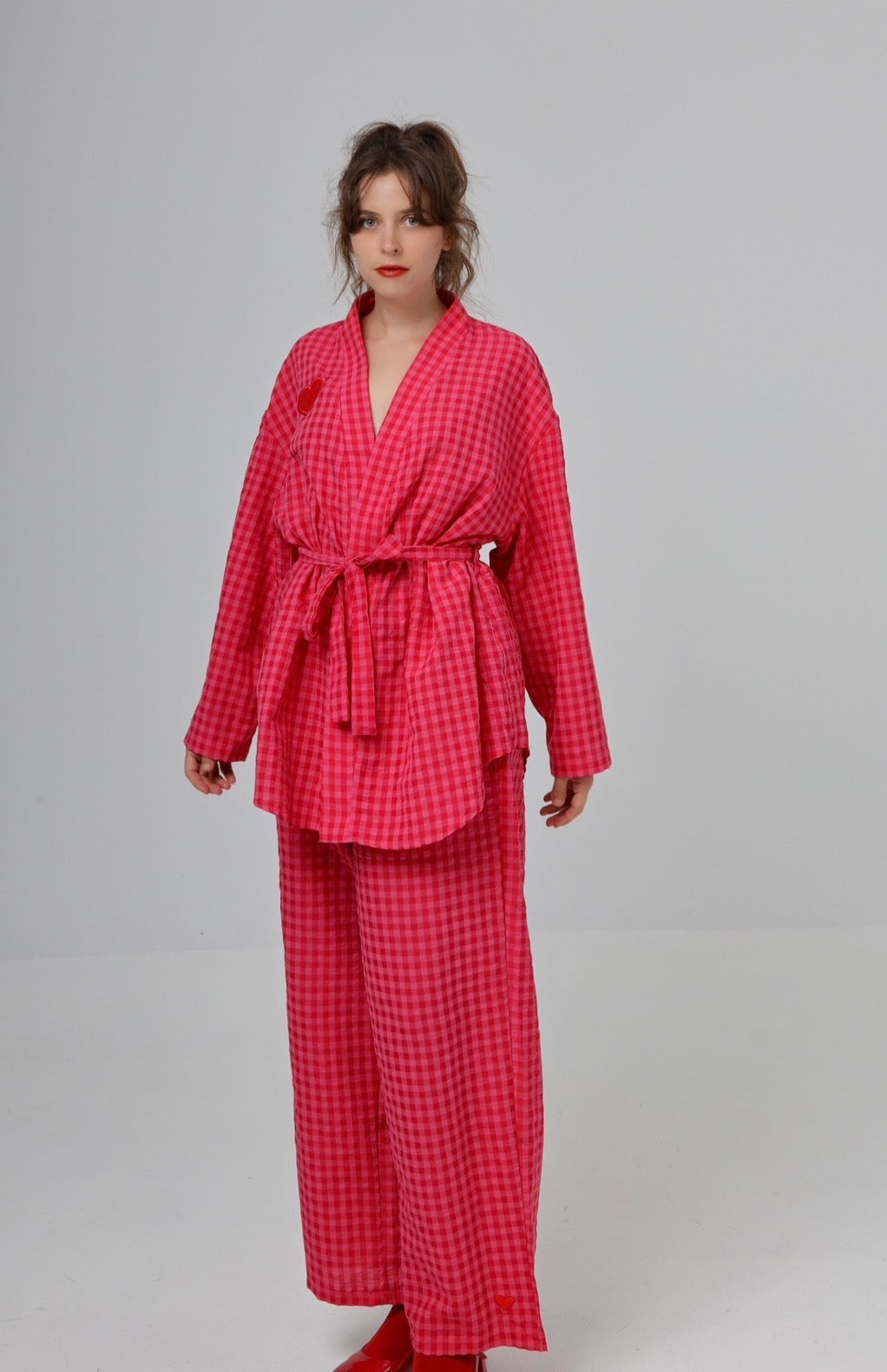 “Citrus” pants in hot pink plaid