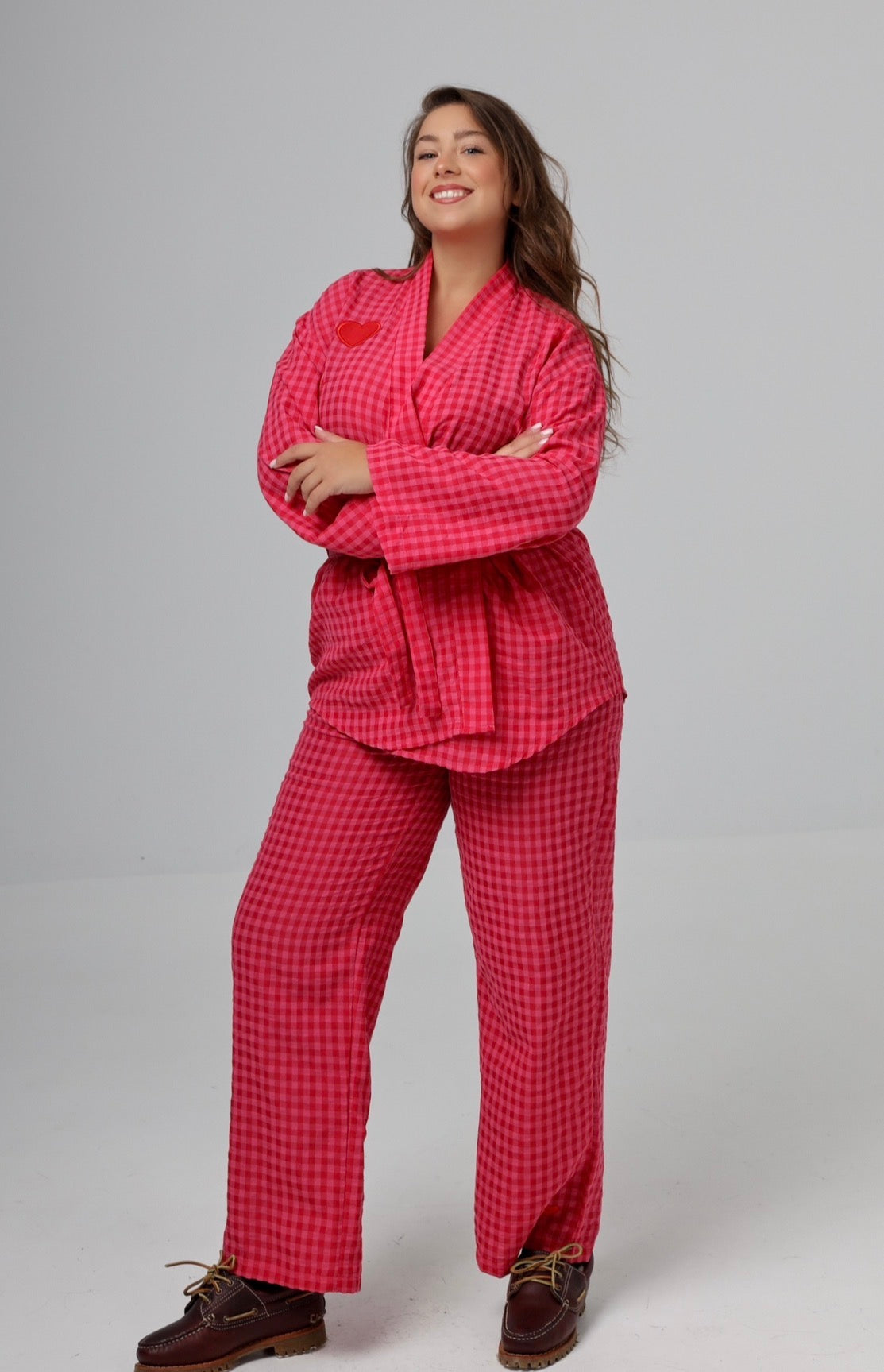 “Citrus” pants in hot pink plaid