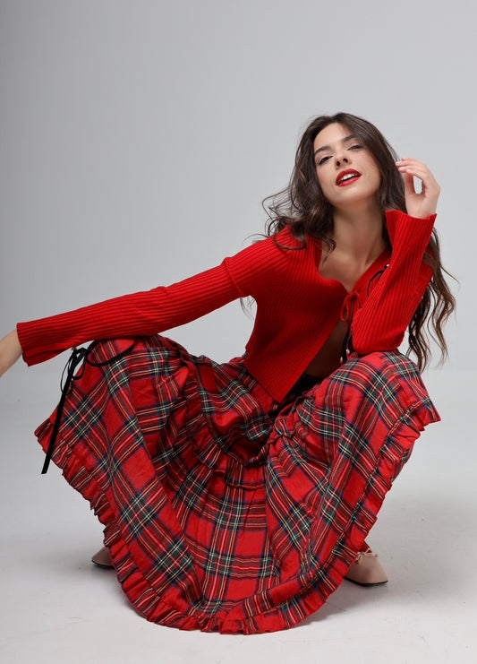 “Winter Dahlia” skirt in red plaid