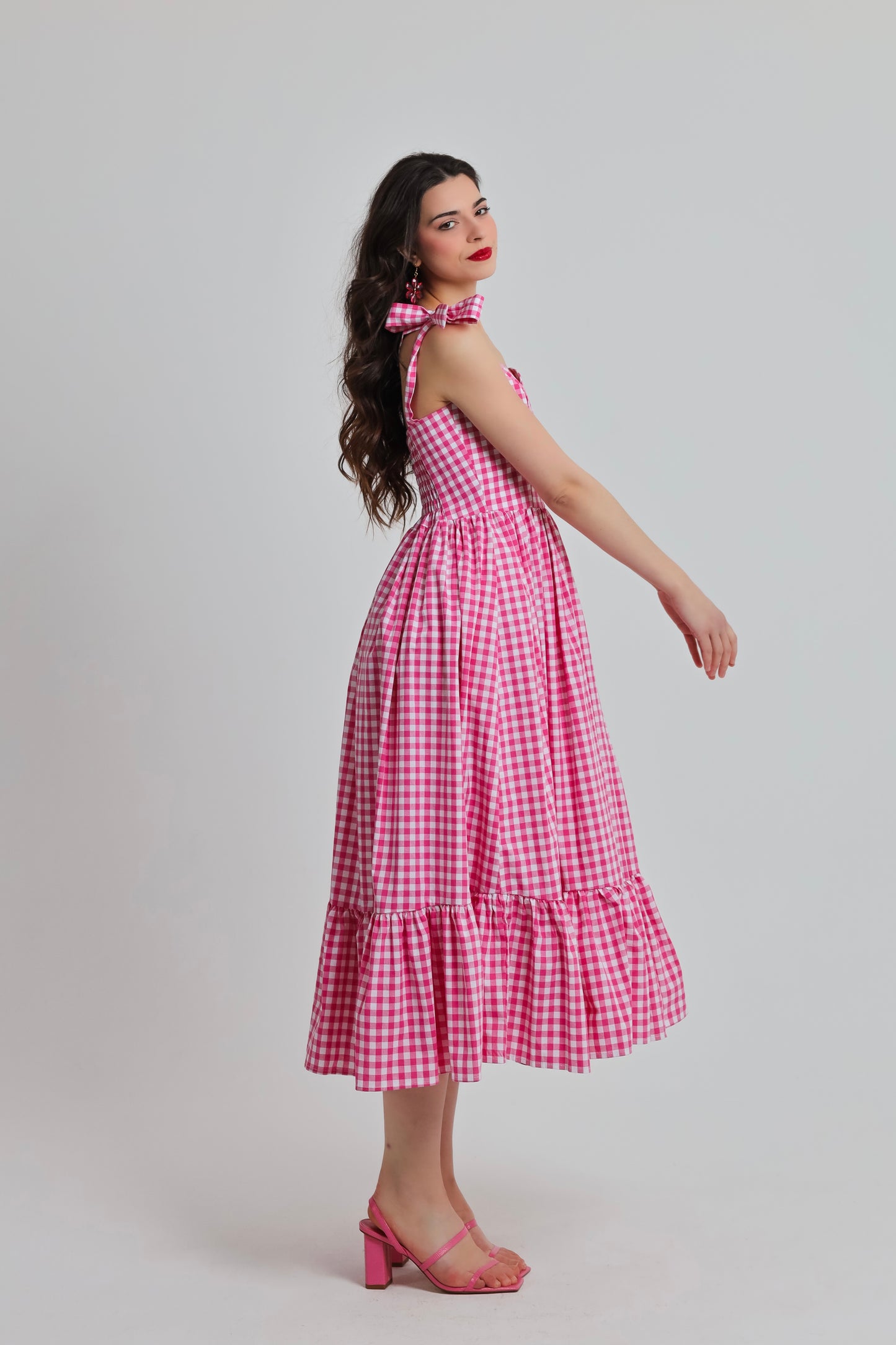 “Lily of the Valley” dress in hot pink plaid