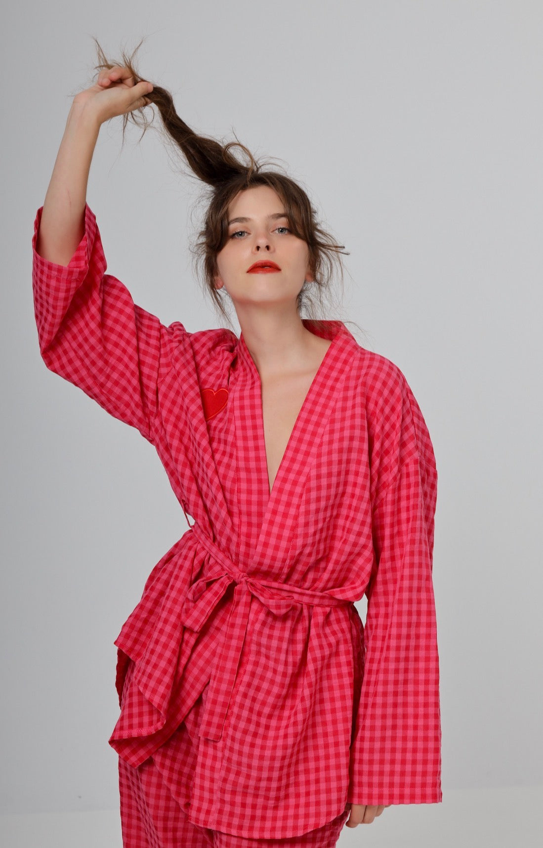 “Citrus” top in hot pink plaid