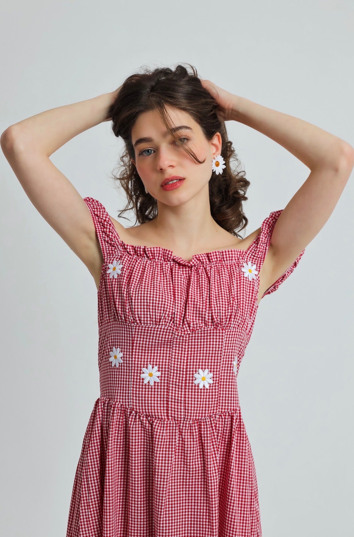 “Sweet Pea” dress in red ‘n white plaid