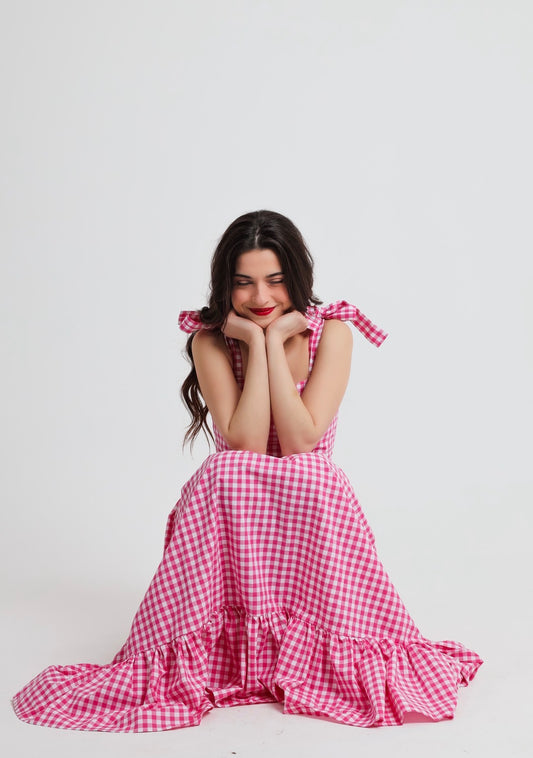 “Lily of the Valley” dress in hot pink plaid