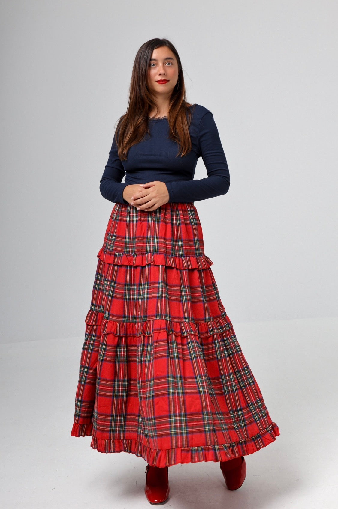 “Winter Dahlia” skirt in red plaid