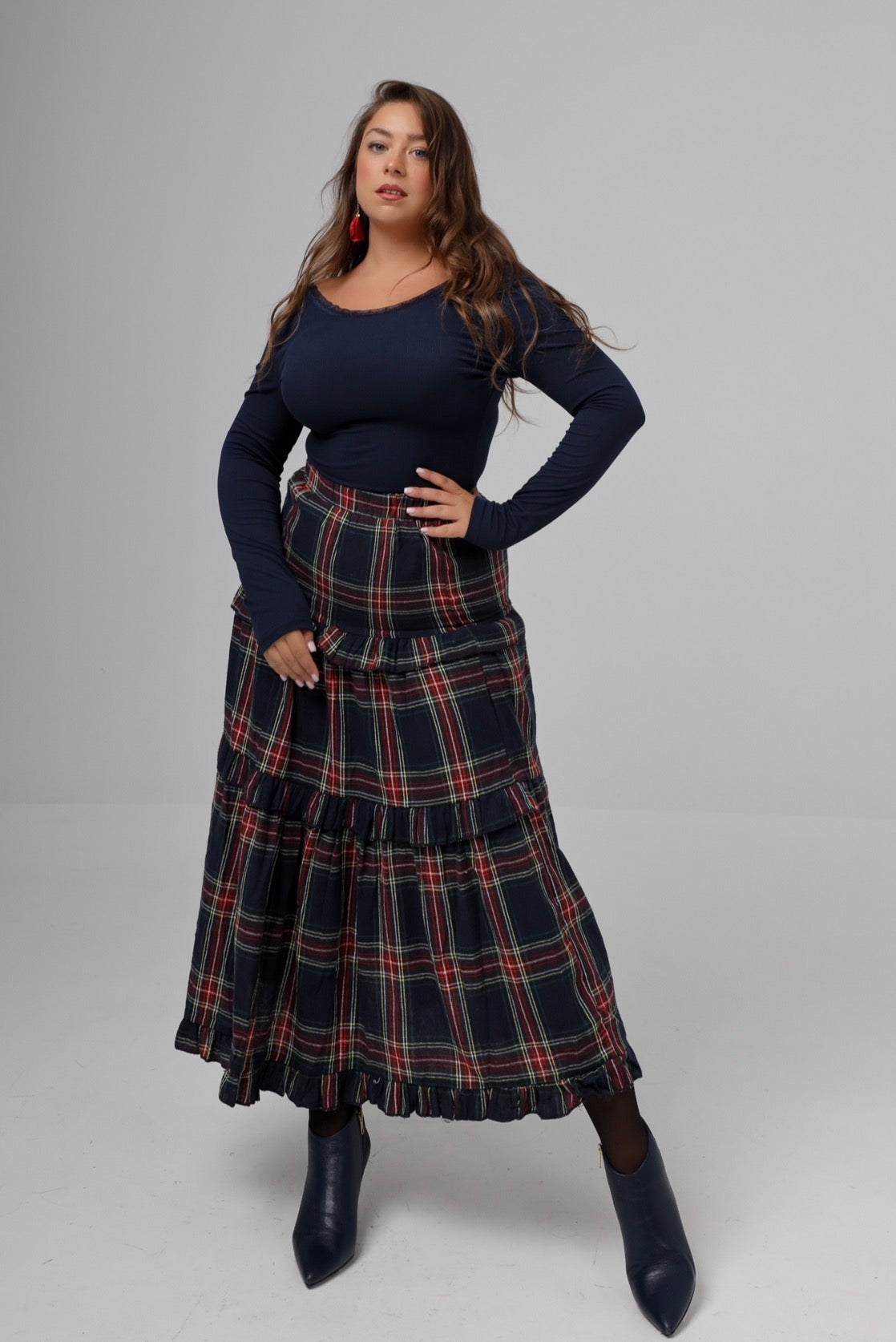 “Winter Dahlia” skirt in blue plaid
