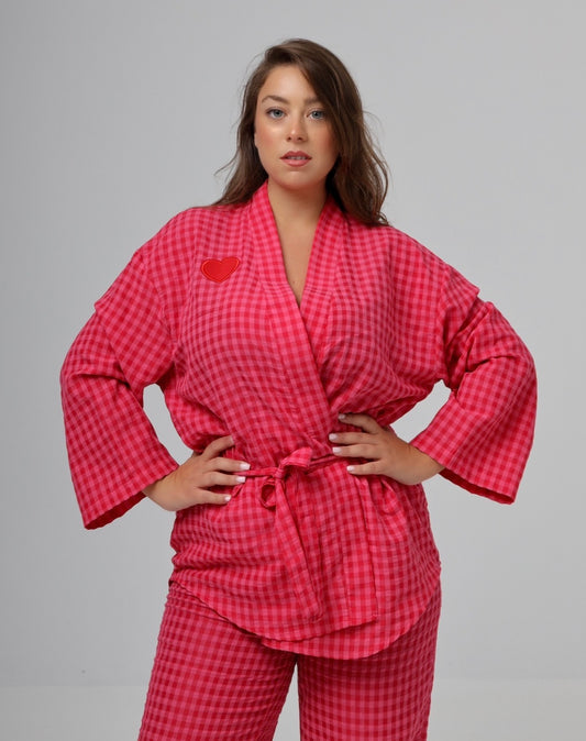 “Citrus” top in hot pink plaid