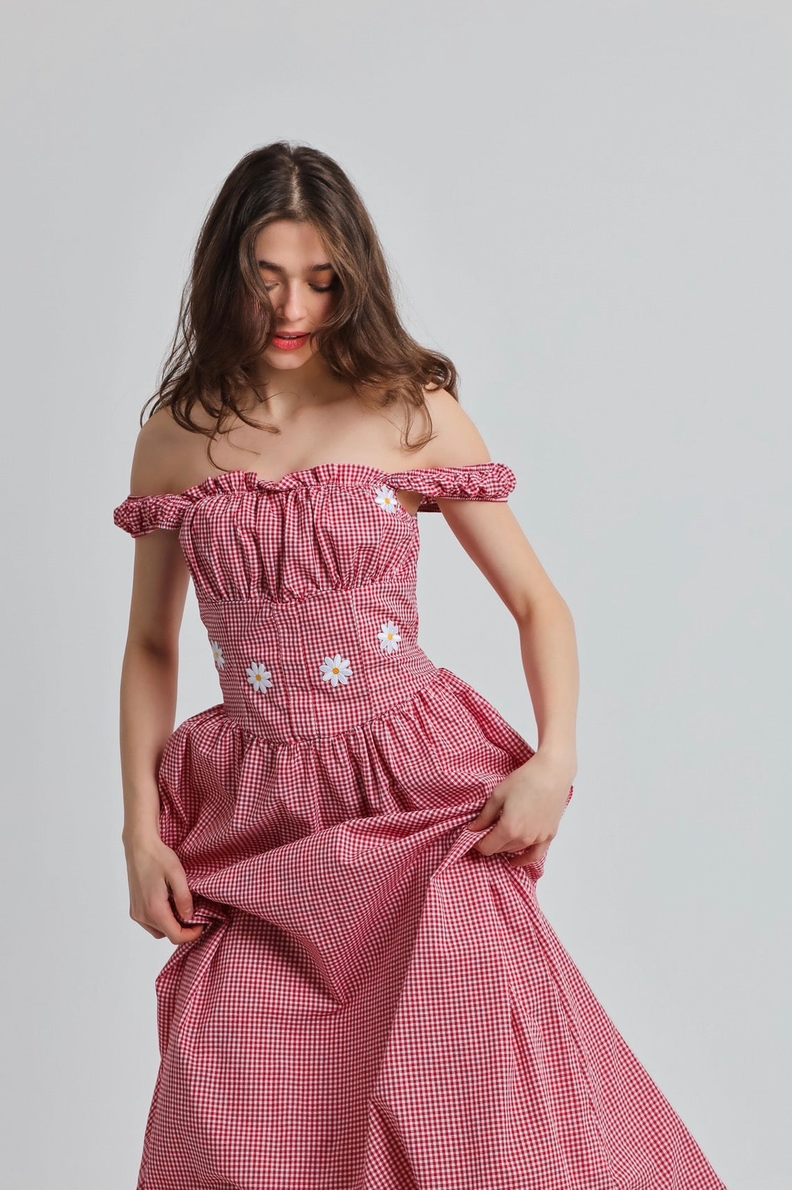 “Sweet Pea” dress in red ‘n white plaid