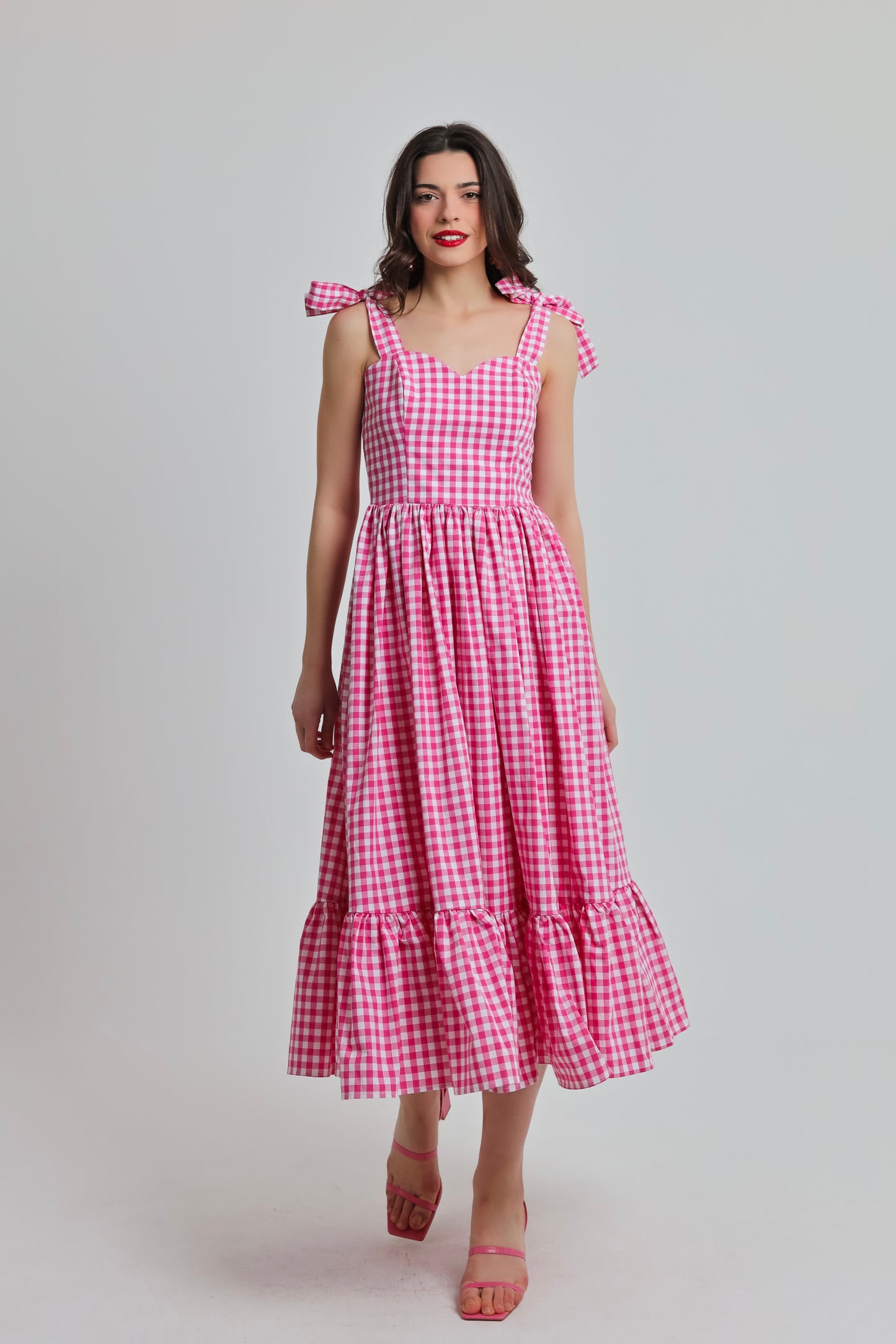 “Lily of the Valley” dress in hot pink plaid