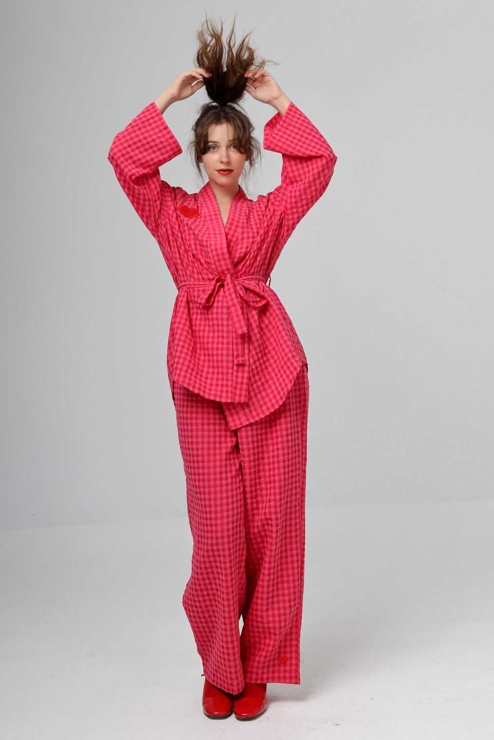 “Citrus” pants in hot pink plaid