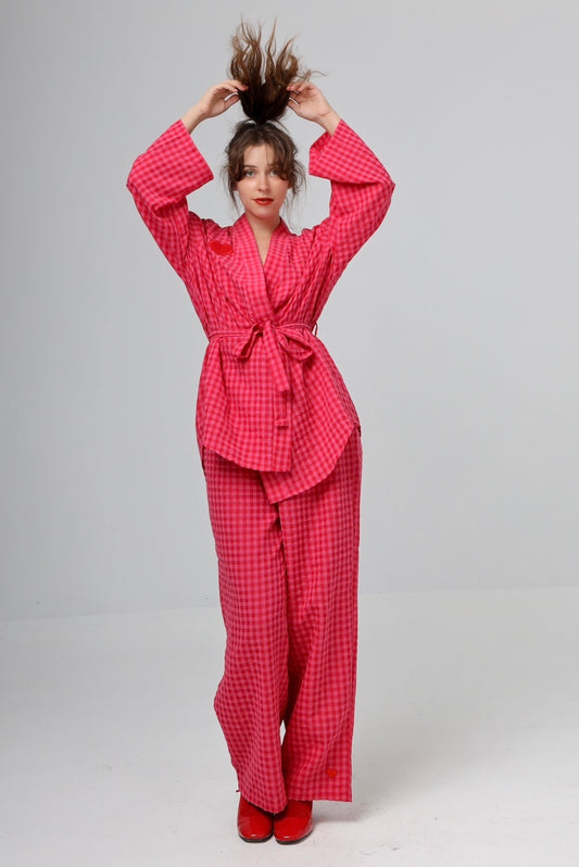 “Citrus” pants in hot pink plaid