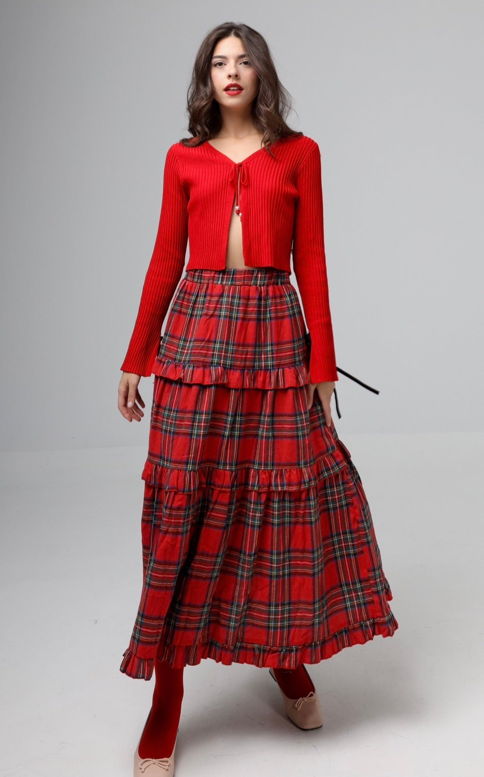 “Winter Dahlia” skirt in red plaid