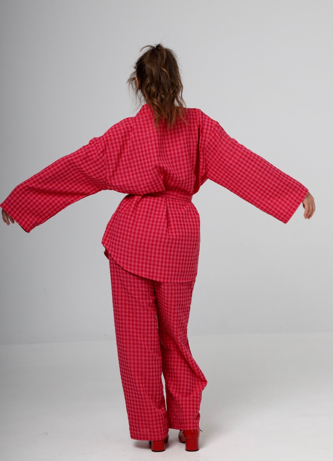 “Citrus” pants in hot pink plaid