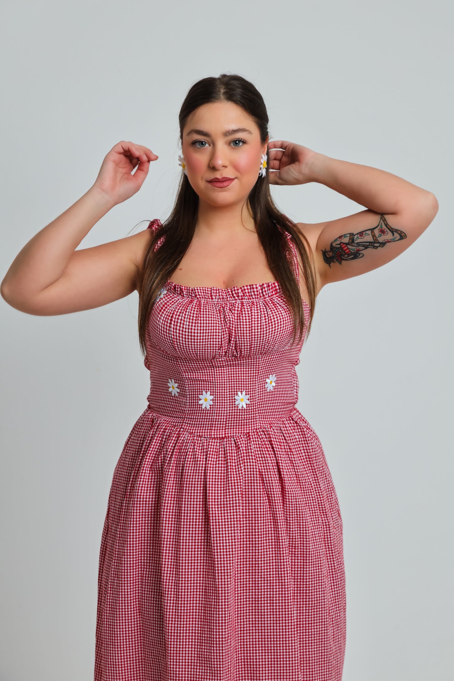 “Sweet Pea” dress in red ‘n white plaid