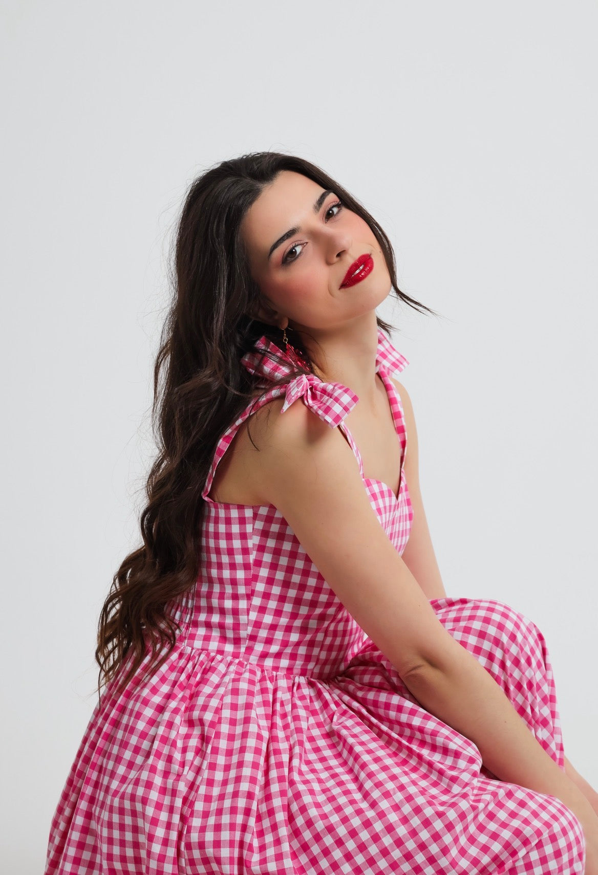 “Lily of the Valley” dress in hot pink plaid