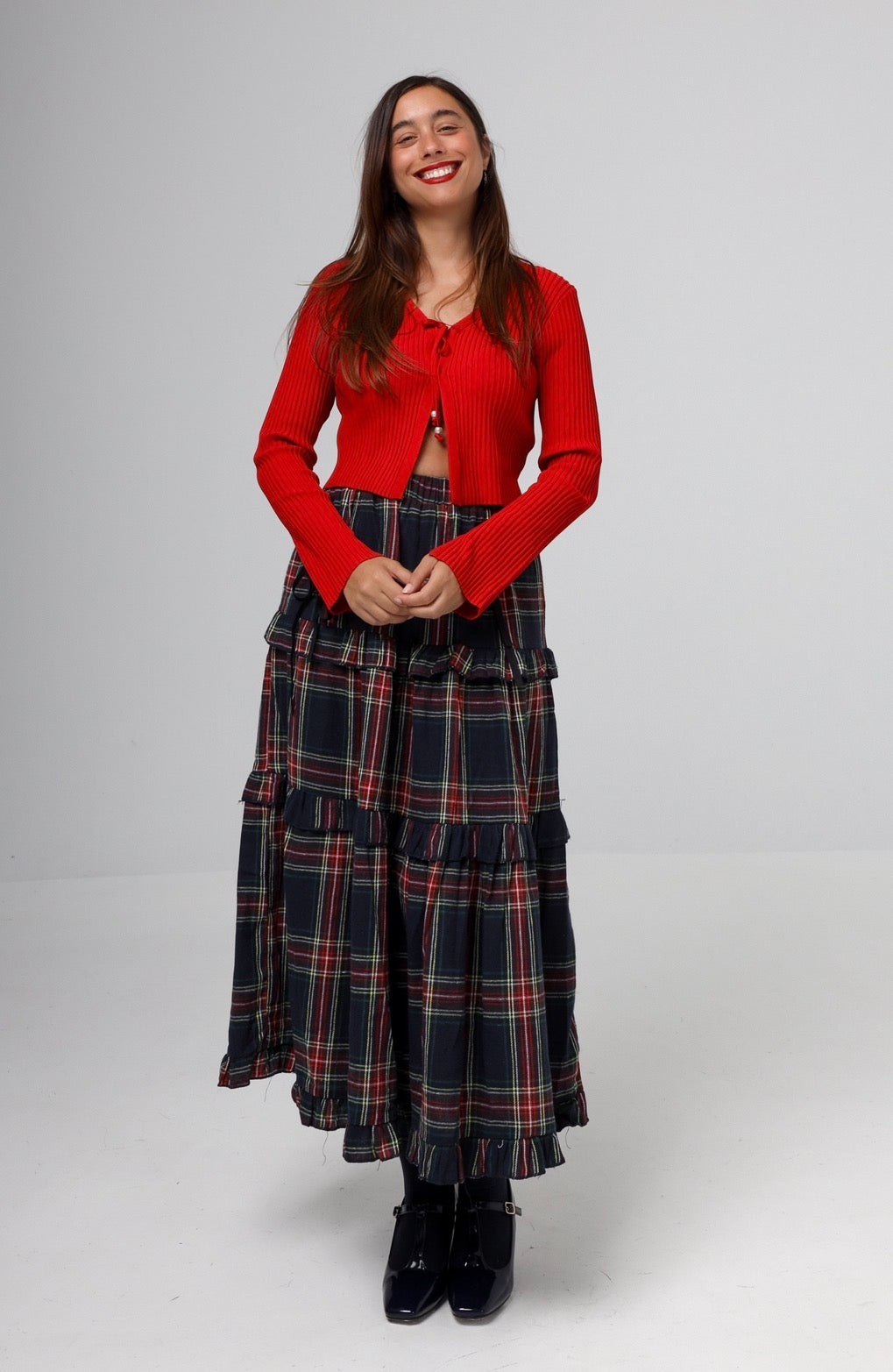“Winter Dahlia” skirt in blue plaid