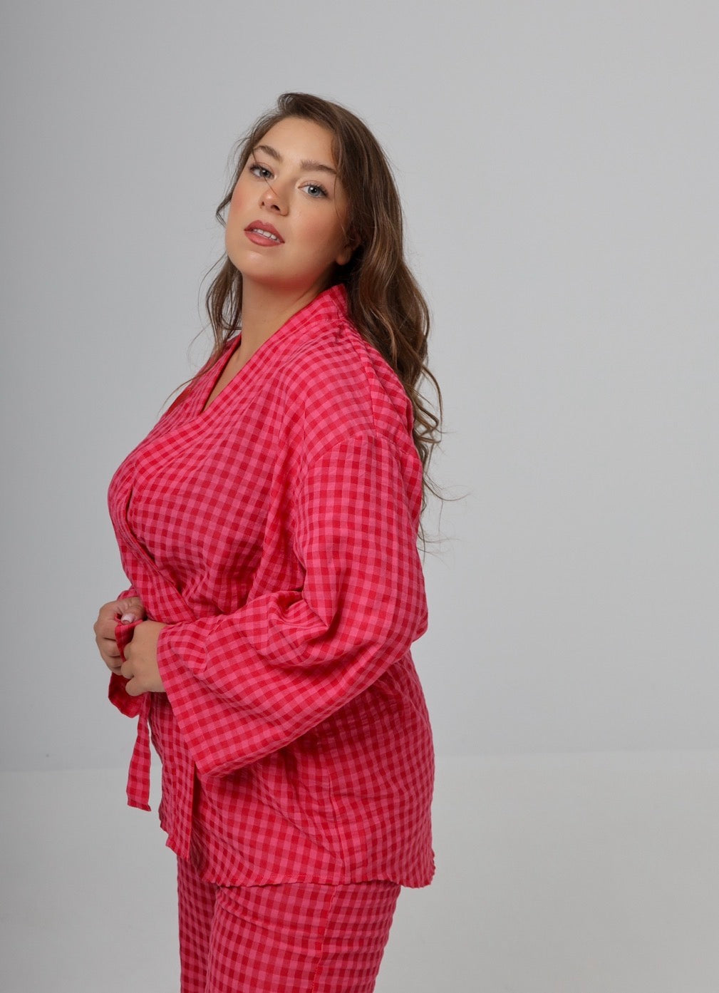 “Citrus” top in hot pink plaid