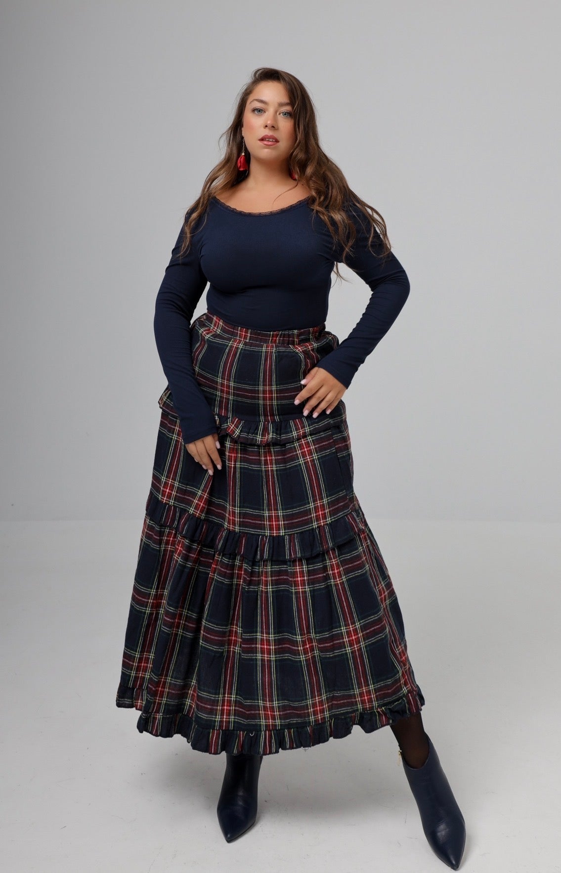 “Winter Dahlia” skirt in blue plaid
