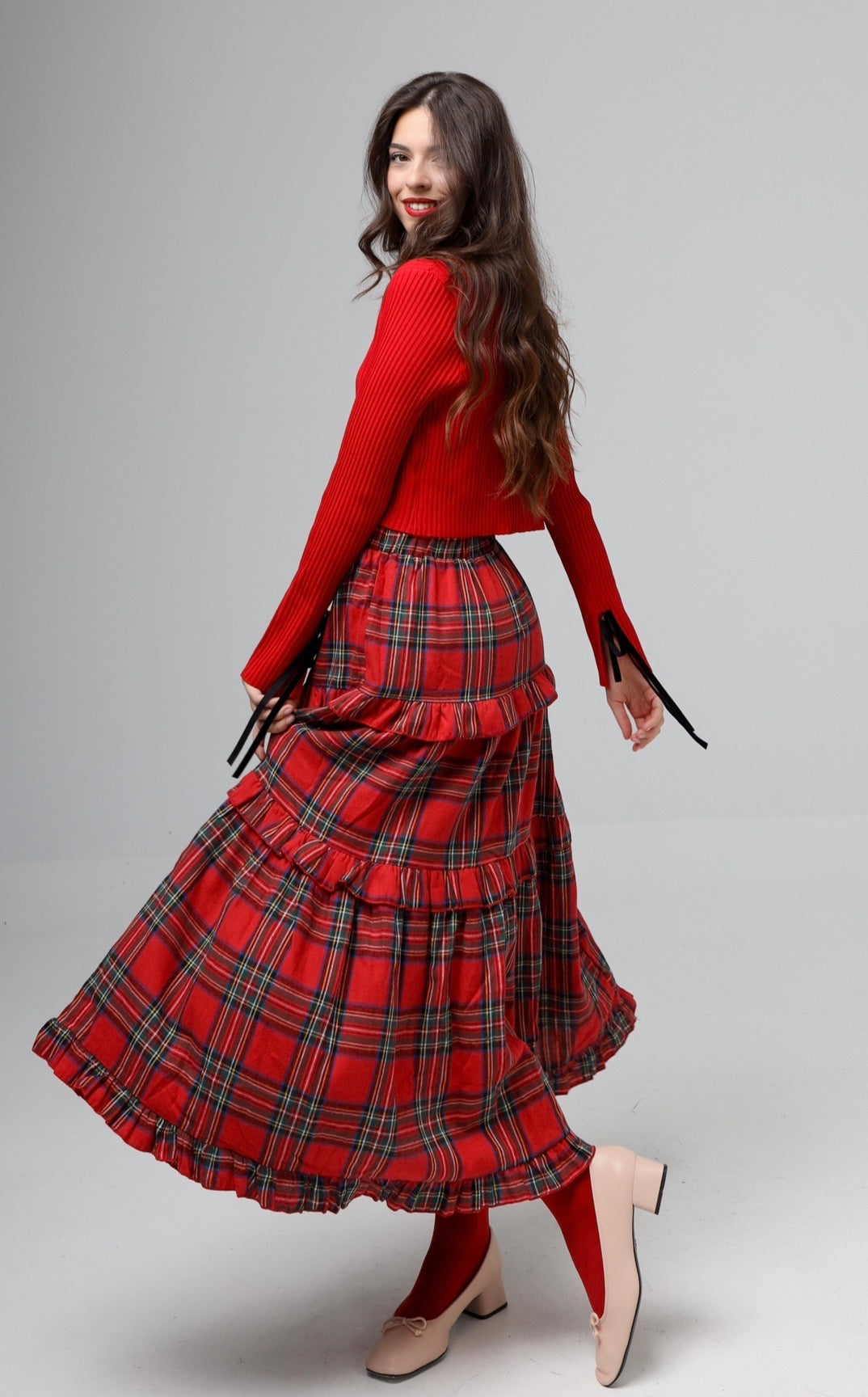 “Winter Dahlia” skirt in red plaid