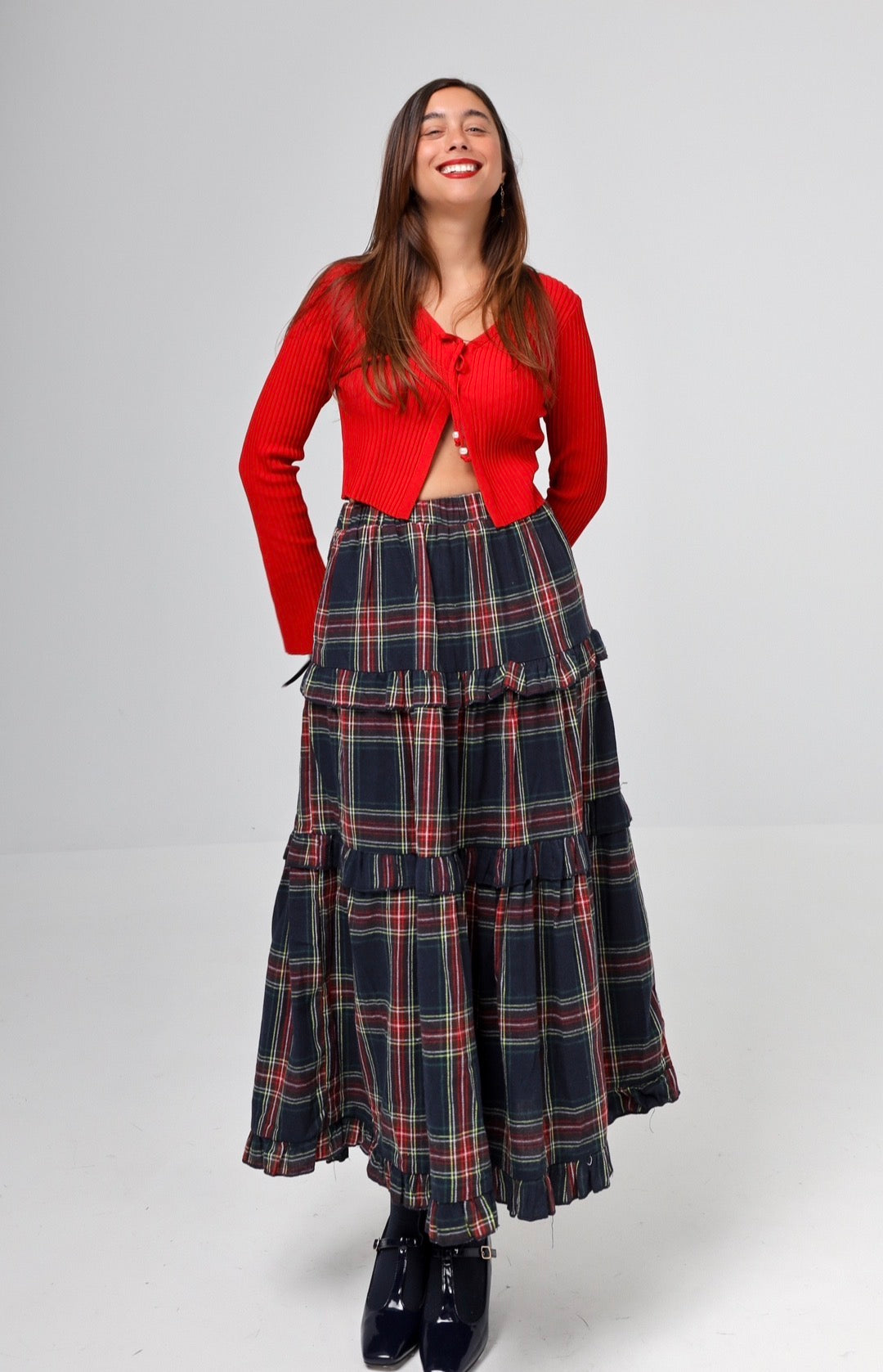 “Winter Dahlia” skirt in blue plaid
