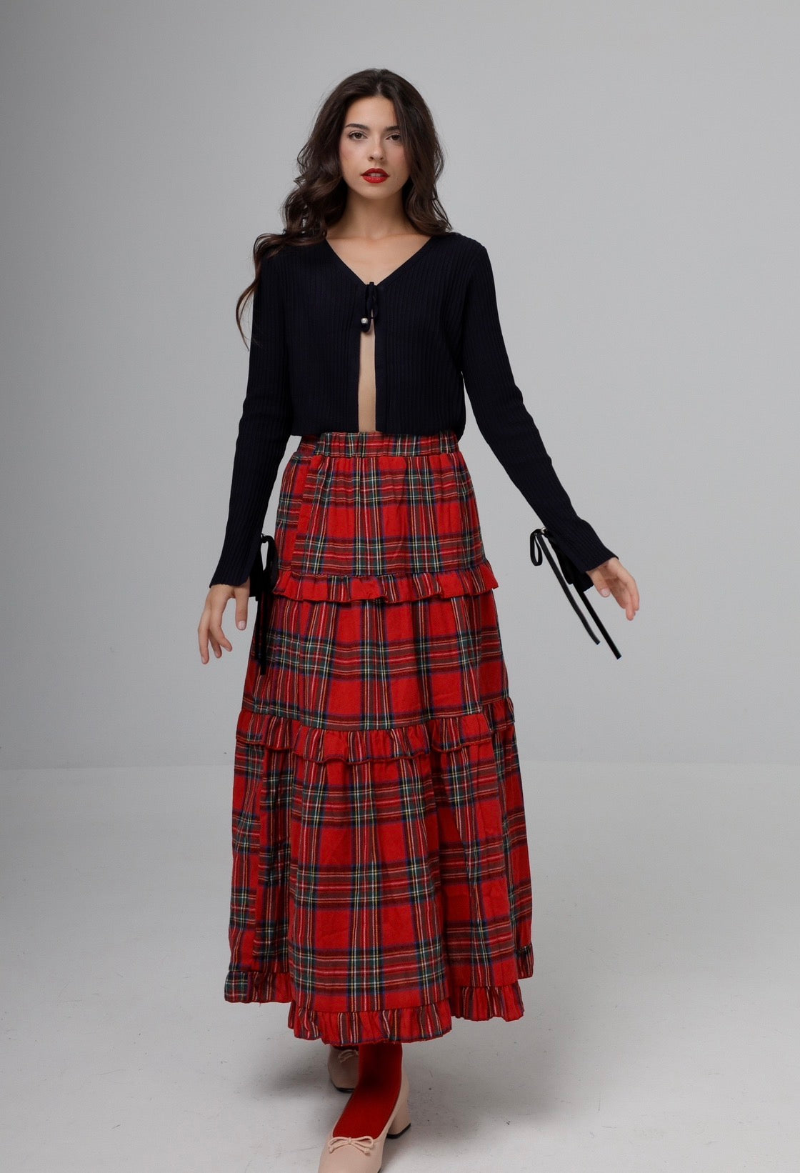 “Winter Dahlia” skirt in red plaid