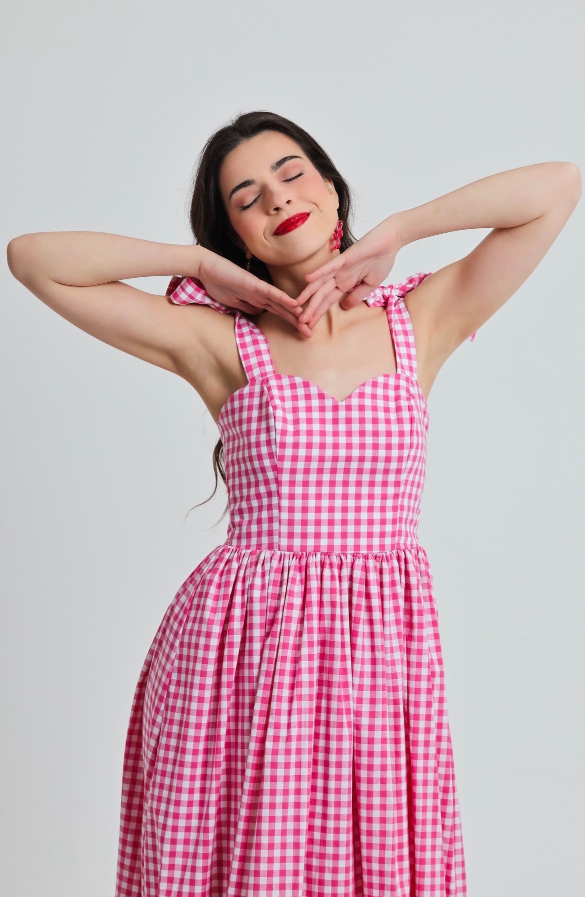 “Lily of the Valley” dress in hot pink plaid