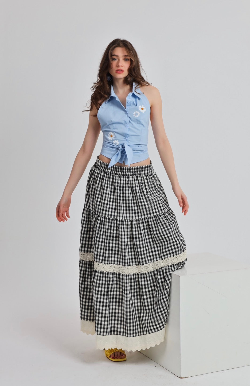 “Dahlia” skirt in black ‘n white plaid