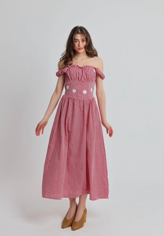 “Sweet Pea” dress in red ‘n white plaid